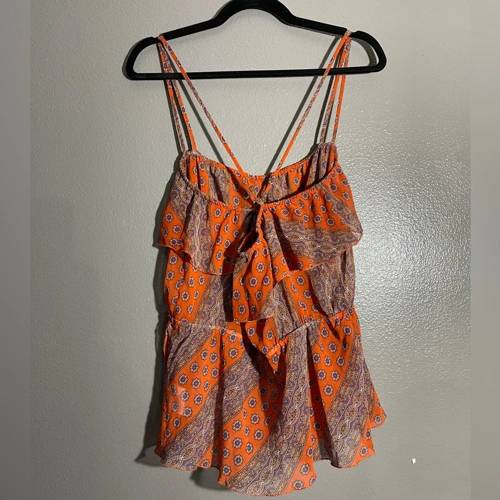 Y2K Guess Spaghetti Strap Burnt Orange Chiffon Peplum Blouse Size L - Picture 2 of 10